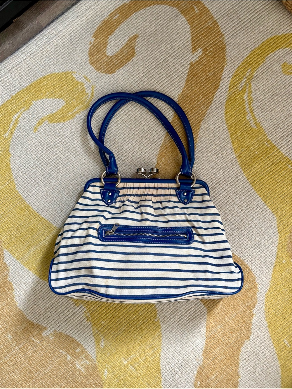 Darling, Vintage, Navy Stripe Tote Handbag with Blue Trim, Silver Accents